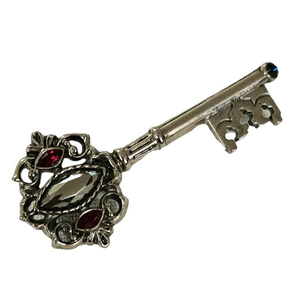 1928 Brand Red Blue Rhinestone Silver Tone Key Brooch Pin L259 - Picture 4 of 10